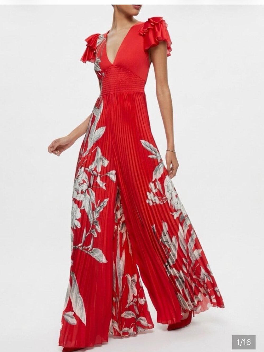 Alice and Olivia NWT size 8 Red Floral Pleated Wide-Leg Jumpsuit